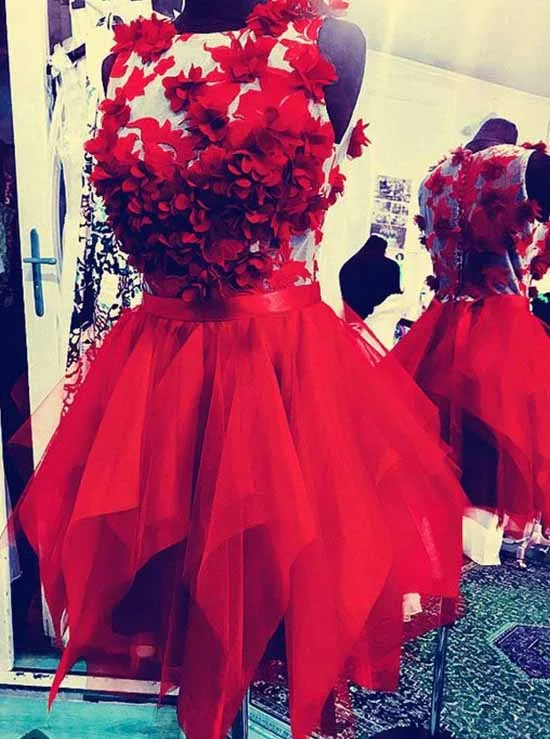 Red Round Neck Tulle Short Prom Dress, Appliques Homecoming Dress OM401 Tulle Dress Outfit