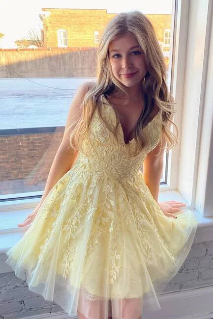 Pretty A-line Daffodil Tulle Short Prom Dresses With Appliques, Homecoming Dresses Casual Tulle Gown