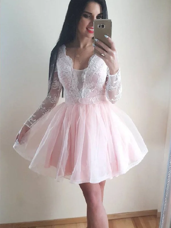 Long Sleeves Lace Appliques Tulle Plunge Neck Short Prom Dress OP141 Tulle Dress Glow