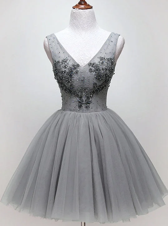 V-neck Beading Silver Short Prom Homecoming Dress Tulle Dance Dress OM470 Boho Tulle Dress