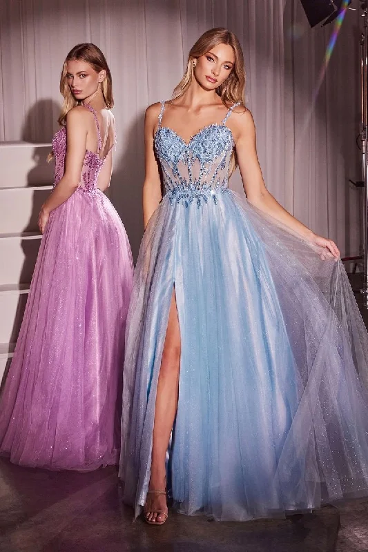 Lace & Tulle A-Line Side Slit Sweetheart Sheer Bodice Long Prom Dress CDCD0234 Blue Tulle Dress