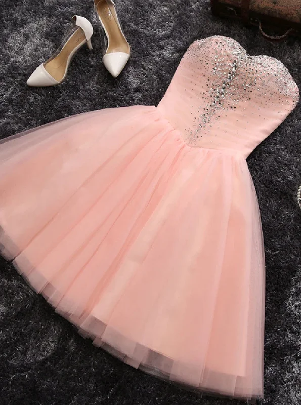 Chic Sweetheart Tulle Pearl Pink Short Homecoming Dress With Beading OM407 Tulle Dress Sparkle