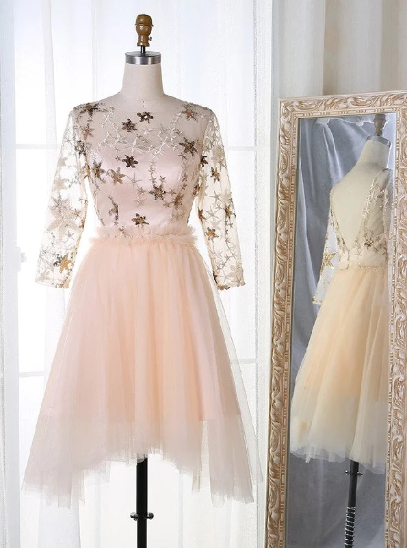 A-Line Bateau 3/4 Sleeves Stars Embroideried Tulle Homecoming Dress OM302 Tulle Dress Sparkling