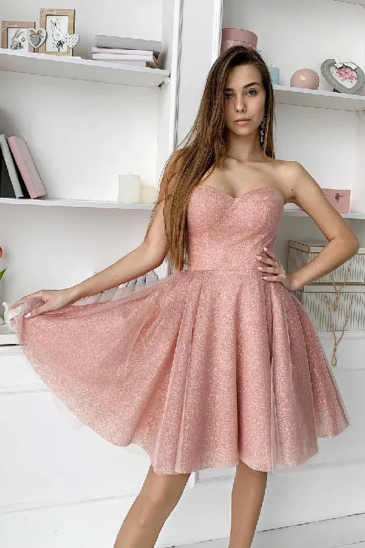 Simple A-Line Pink Sweetheart Tulle Homecoming Dress Tulle Bridesmaid Dress