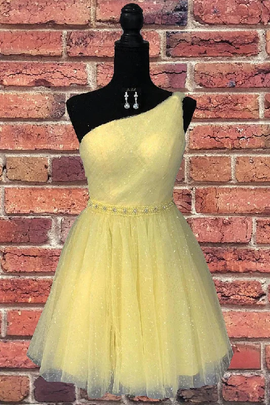 A-line One Shoulder Yellow Tulle Beading Homecoming Dress Short Tulle Dress