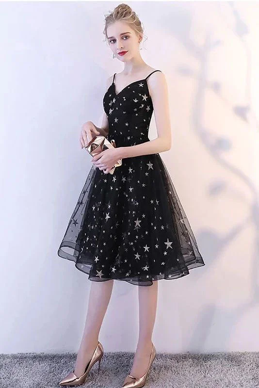 Black Spaghetti Straps V Neck Tulle Graduation Dress with Stars, Glitter Homecoming Dress OM604 Tulle Cocktail Dress