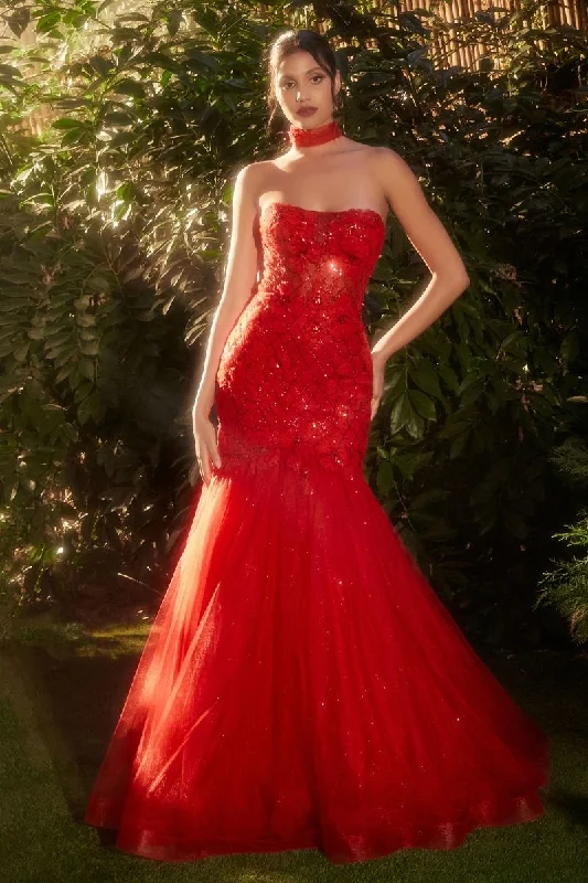 Strapless Red Tulle Mermaid Lace Up Back Long Prom Dress CDA1345 Tulle Dress Shine