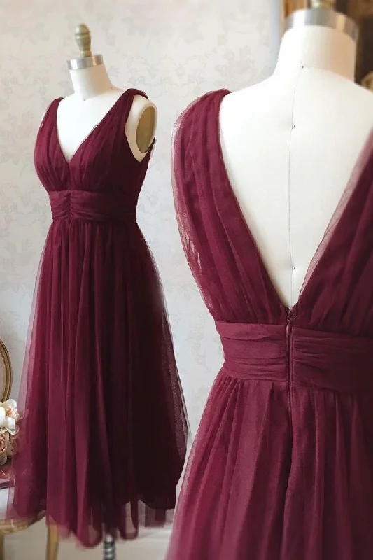 Burgundy V-neck Sleeveless Mid length Tulle Prom Dress Homecoming Dress Formal Tulle Dress