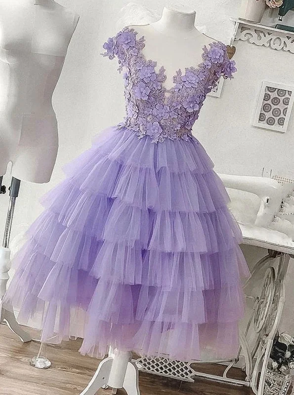 Tulle Applique Lilac Short Homecoming Dress, Princess Layered Sweet 16 Dress OM403 Elegant Tulle Gown