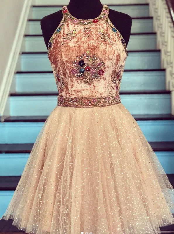 Glitter Tulle Beads Short Prom Dress Scoop Embroidery Homecoming Dress OM316 Lace Tulle Dress