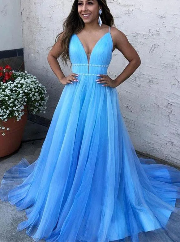 V-Neck Blue Long Prom Dresses Tulle Formal Dress with Beading PO024 Tulle A-line Dress