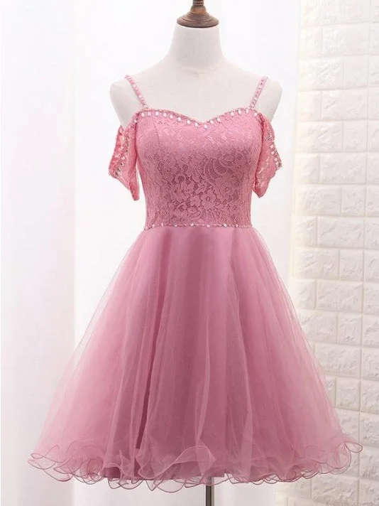 Spaghetti Straps Tulle Lace A Line Drop Shoulder Homecoming Dress OM131 Tulle Dress Ruffles