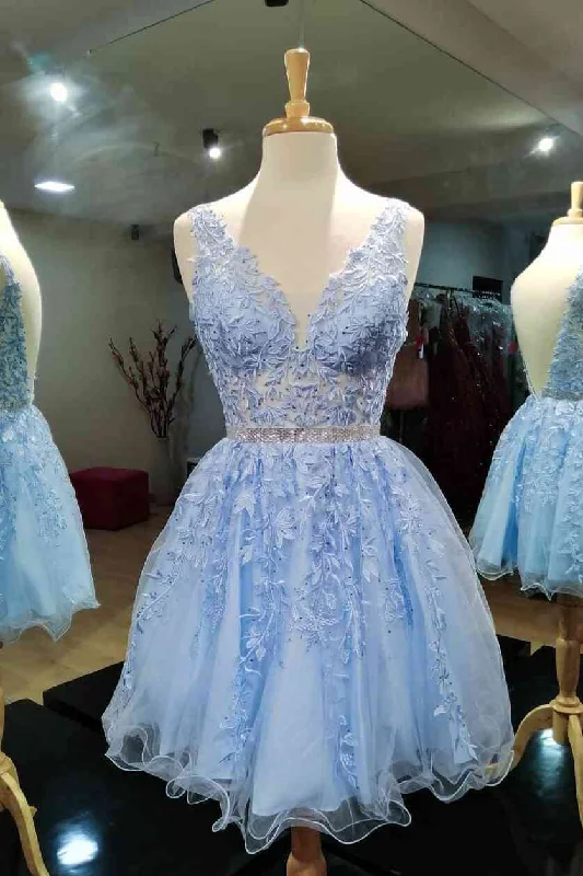 Blue Tulle V-Neck Short Prom Dresses With Appliques, Homecoming Dresses Bohemian Tulle Dress