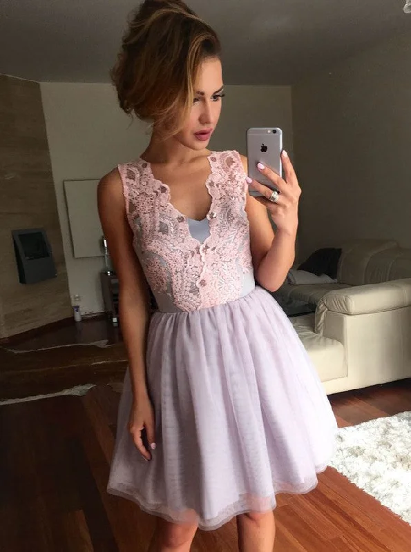 A-Line V-Neck Lavender Tulle Short/Mini Prom Dress With Pink Lace OC111 Classic Tulle Dress