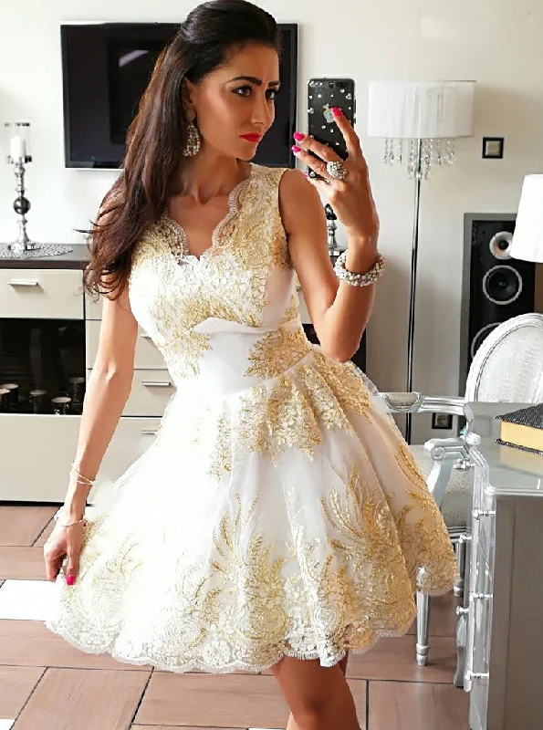 A-Line V-Neck Gold Appliques Short Tulle Homecoming Dress OM113 Tulle Dress Fit