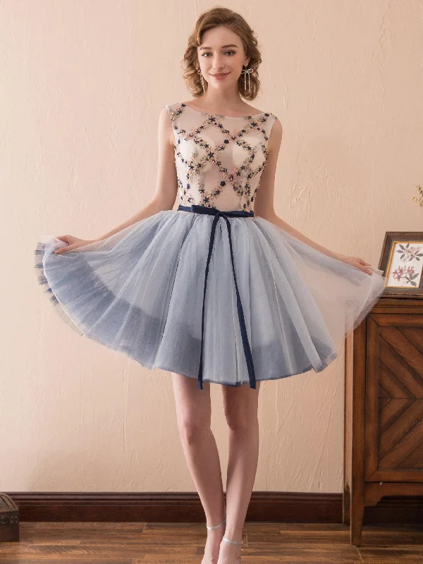 Bateau Sleeveless Tulle Short Homecoming Dress Graduation DressWith Beading AS14619 Tulle Maxi Dress