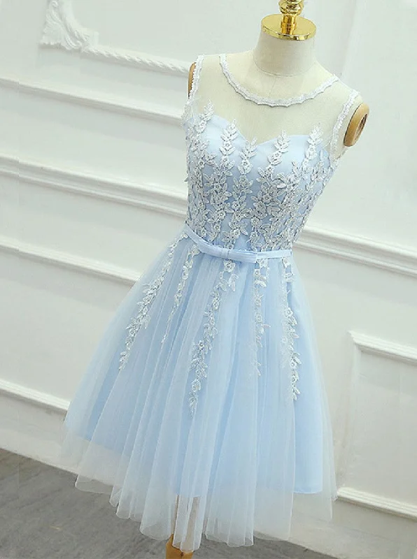 A-Line Jewel Keyhole Back Tulle Homecoming Dress With Sash Appliques OM118 Tulle Dress Vibe