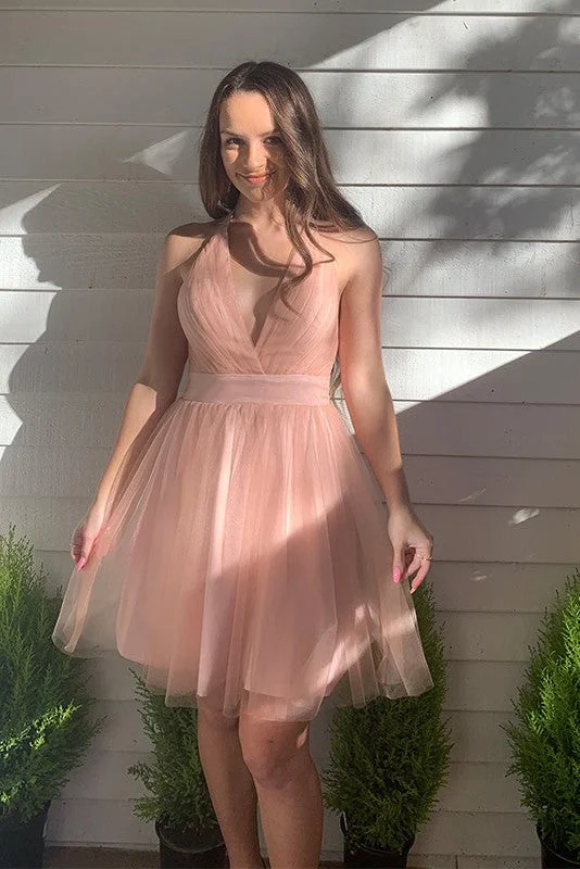 Pink Deep V-Neck Backless Tulle Short Homecoming Dress Tulle Dress Fluffy