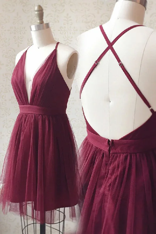 Deep V-neck Spaghetti Straps Burgundy Tulle Homecoming Dresses Tulle Dress Perfect