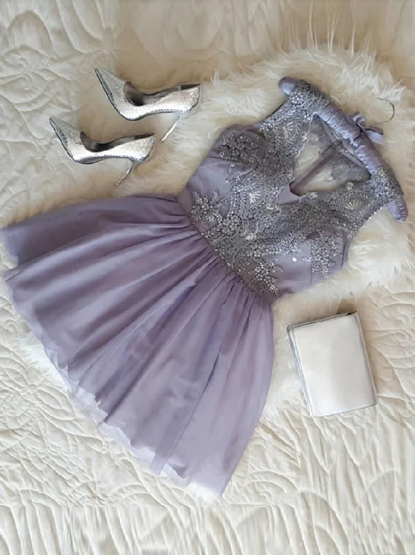 Lavender A-Line V-Neck Tulle Short Prom Dress Homecoming Dress With Appliques OC101 Tulle Dress Twirl