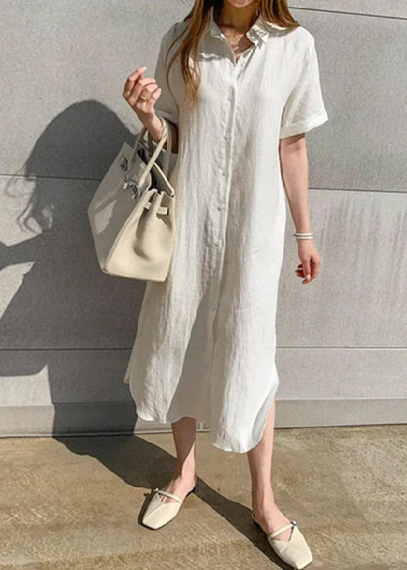 White side open Button shirts Dresses Short Sleeve Plaid Shirt Dress
