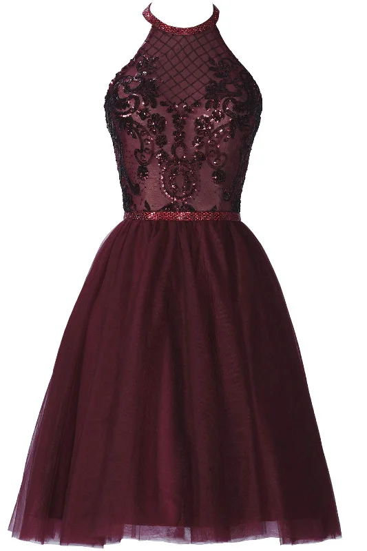 Burgundy A-Line Halter Tulle Homecoming Dress With Appliques Tulle Dress Flare