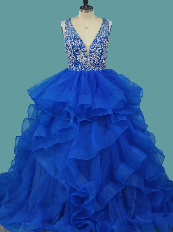 Princess Quinceanera Blue Tulle Beaded Bodice Ball Gown Prom Dress With Ruffles Tulle Dress Classic