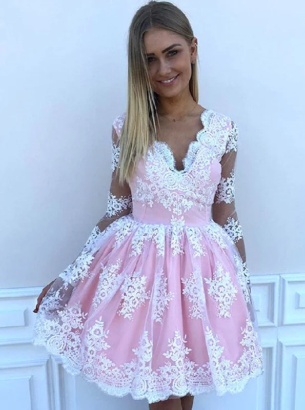 Appliques Long Sleeves Pink Tulle Short Homecoming Dress OM338 Ruffled Tulle Dress