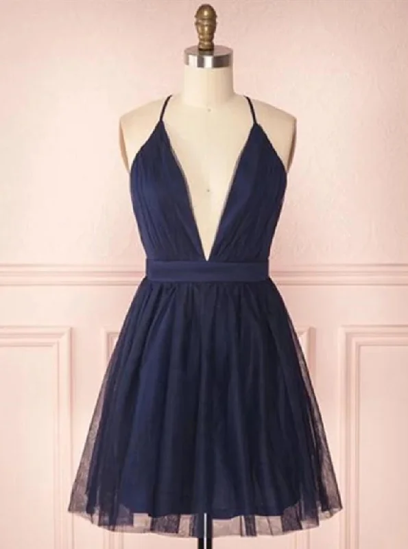 Navy Blue Short Prom Dress Spaghetti V-neck Tulle Homecoming Dresses OM432 Black Tulle Dress