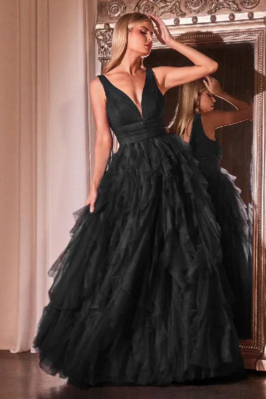 Layered Tiered Tulle A-Line Open V-Back Illusion V-Neck Long Prom Dress CDCD347 Tulle Dress Modern