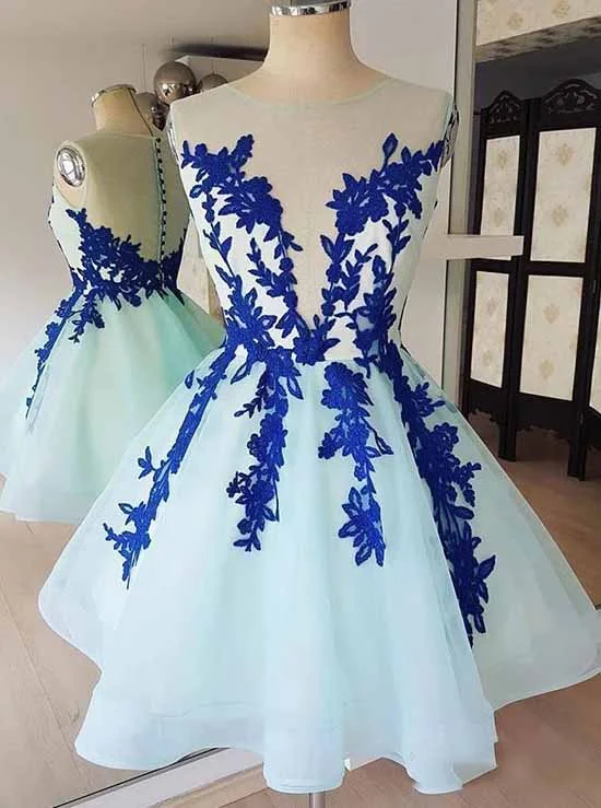 Baby Blue Tulle Short Prom Dress, Homecoming Dress With Blue Appliques OM402 Tulle Dress Set