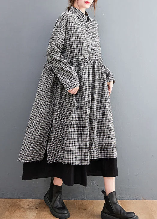 Black Plaid Button side open Cotton Dresses shirts Spring Blue Shirt Dress