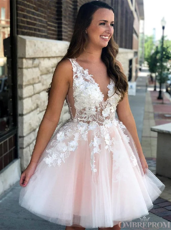 Princess V Neck Pink Short Prom Dress Tulle With Applique Homecoming Dress OM305 Floor-length Tulle Dress