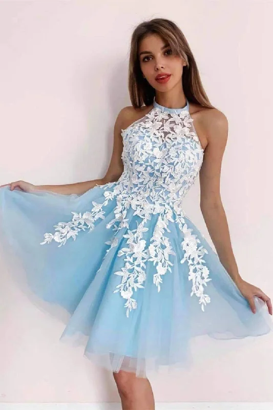 Sky Blue A-line Tulle Short Prom Dresses With Appliques, Homecoming Dresses Tulle Dress Party