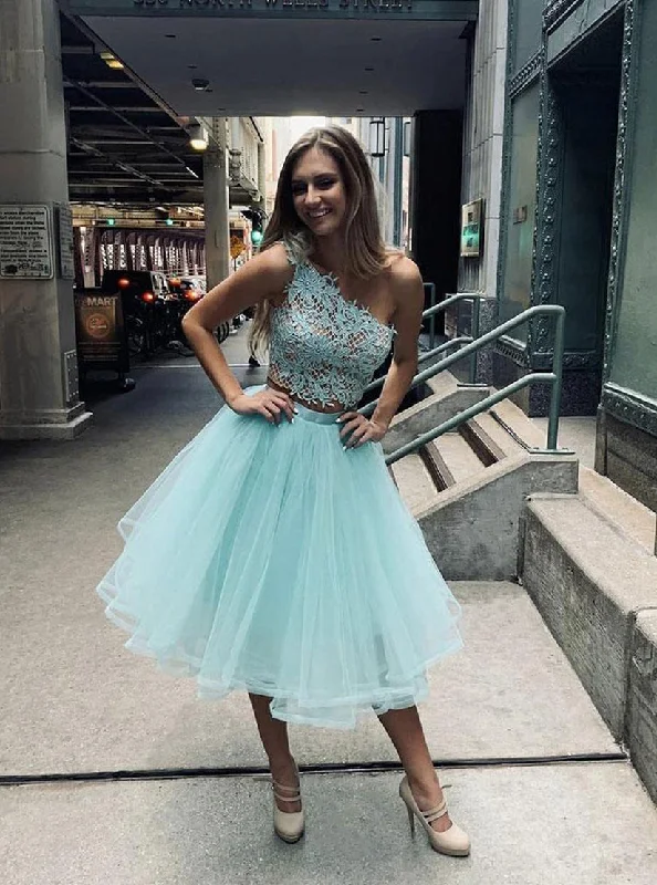 Green Tulle Two Pieces Lace Short Prom Dress Romantic Tulle Dress