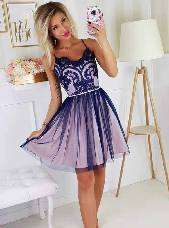 Spaghetti-straps Tulle Short Prom Dress Appliques Homecoming Dress OM371 Sexy Tulle Dress