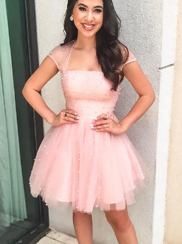 Chic Sparkly Cap Sleeves Homecoming Dress, Tulle Pearls Short Prom Dress OM460 Stylish Tulle Dress