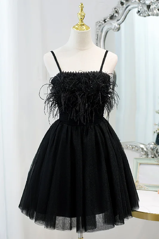 Sweet Spaghetti Straps Little Black Dress Fairy Dress with Tulle Homecoming Dress Party Tulle Dress