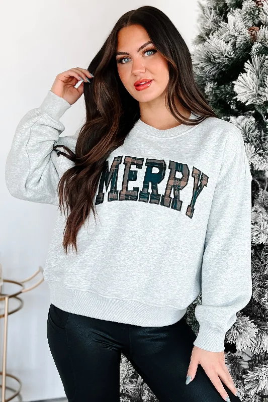 On The Cute List Graphic "Merry" Sweatshirt (Heather Grey) Lightweight Hoodie Sweatshirt