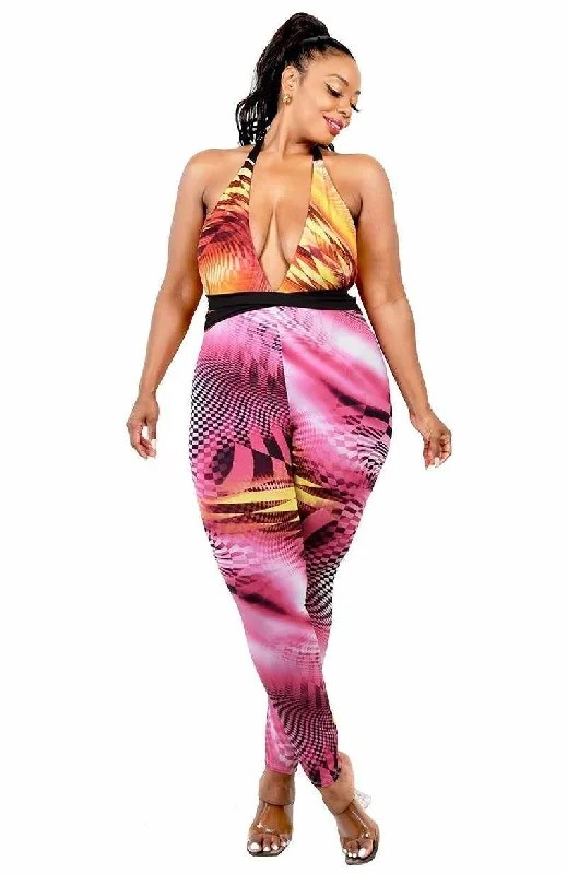 Plus Size Fuchsia/Yellow Criss Cross Mock Neck Jumpsuit