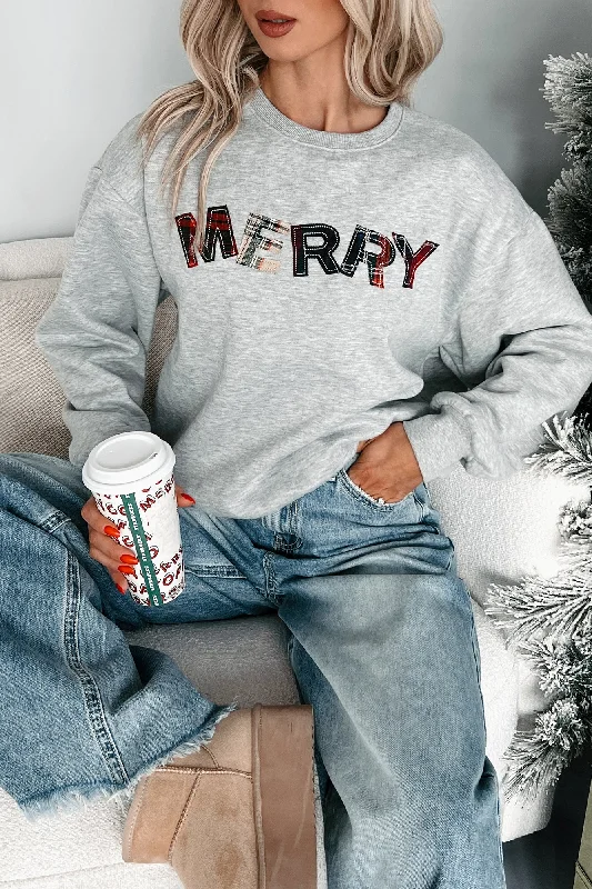 Happy For The Holidays Plaid "Merry" Sweatshirt (Heather Grey) Hoodie Sweatshirt for Fall