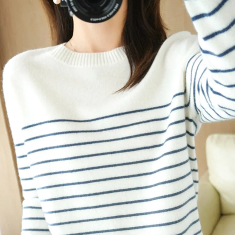 100% Cotton Knitted Sweater Women's Sweater Striped Color Matching Round Neck Large Size Loose Temperament Long Sleeve Bottoming Winter sweaters