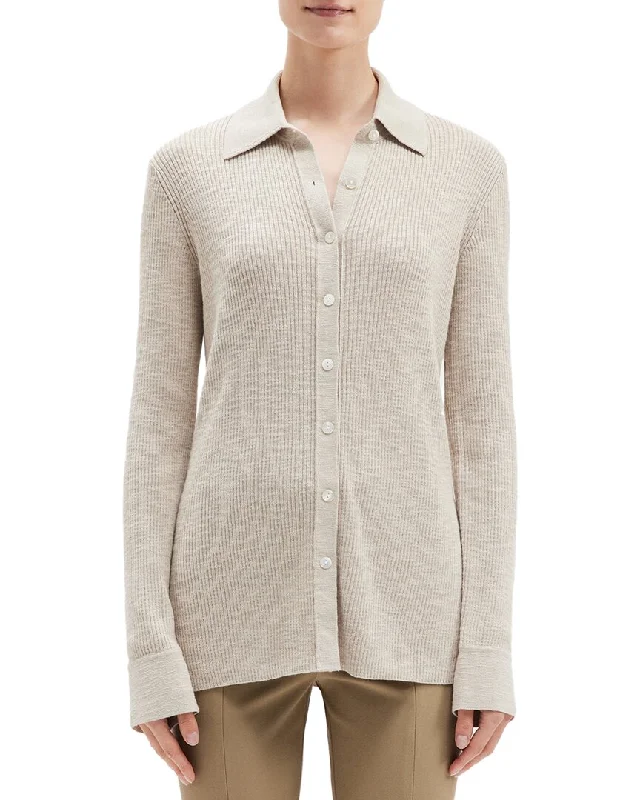 Theory Fine Rib Wool-Blend Button Shirt Cropped sweaters