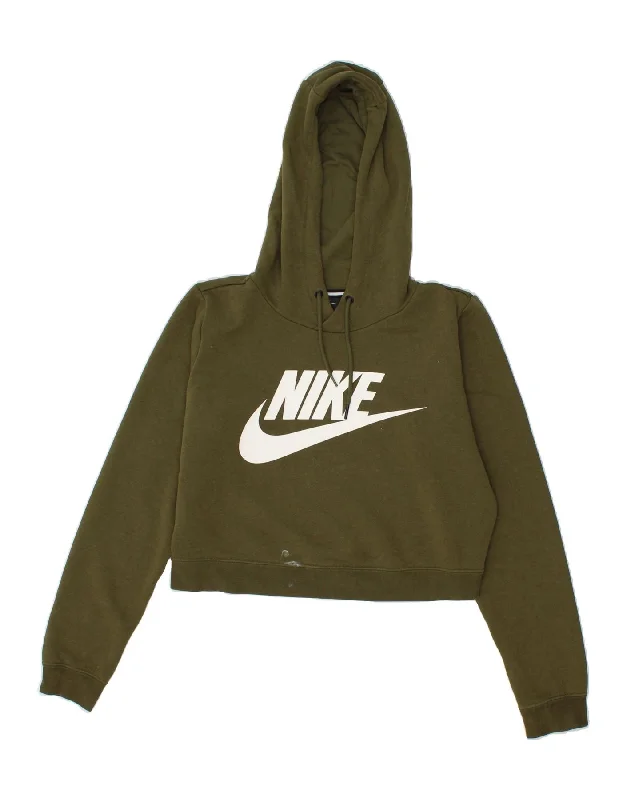 NIKE Womens Crop Graphic Hoodie Jumper UK 10 Small Khaki Cotton Cheap sweaters