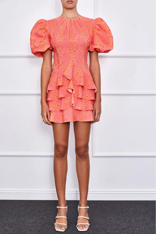 Camellia Puff Sleeve Dress (Orange/Pink) Best mini dresses for summer vacation