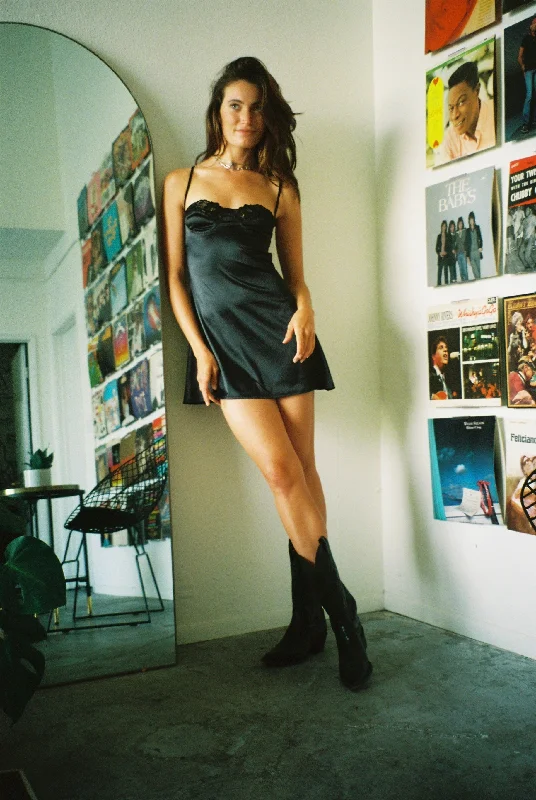 Desert Daze Satin Slip Mini Dress In Black - Restock Spring mini dresses