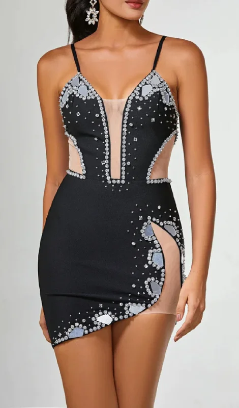 RHINESTONE SPAGHETTI STRAP DRESS IN BLACK Women's trendy mini dresses sale