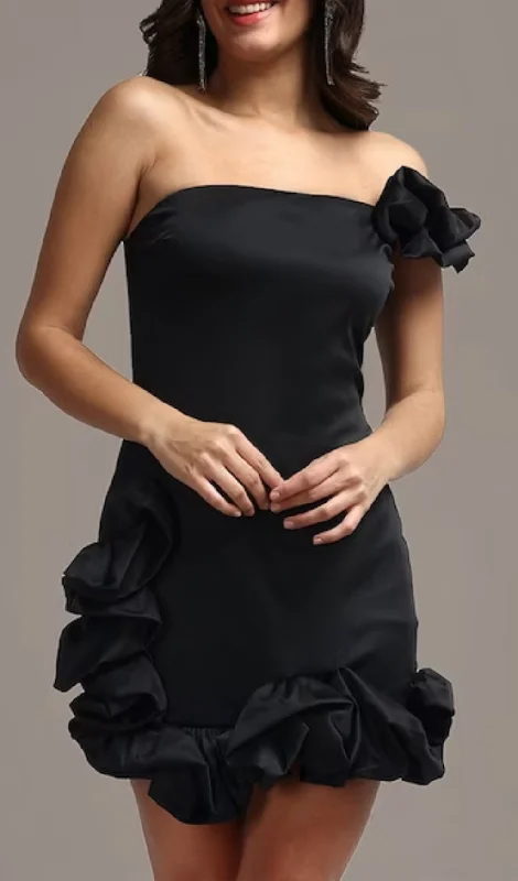 RUFFLED SHEATH MINI DRESS IN BLACK Best mini dresses for tall women