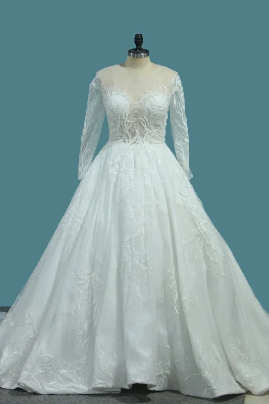 A Line Scoop Long Sleeves Wedding Dresses Tulle With Applique Chapel Train Sleek Wedding Dress