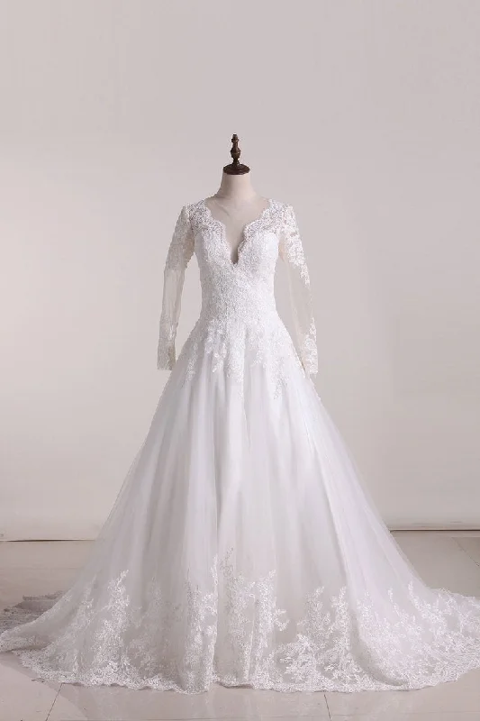 A Line Scoop Long Sleeves Wedding Dresses Tulle With Applique Boho Chic Gown